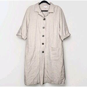 J. Jill Womens Large Midi Shirt Dress 100% Linen Beige Button Up Short Sleeve